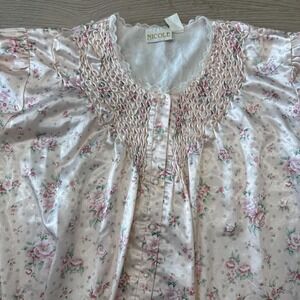 VTG Nicole Sz L Grandma Pink Floral Satin Long Nightgown Sleeves Cotton‎ Lined